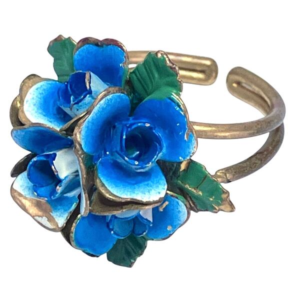 Vintage Austrian Blue Enamel Floral Adjustable Ring 5.5 Mid Century Collectible - Picture 1 of 14